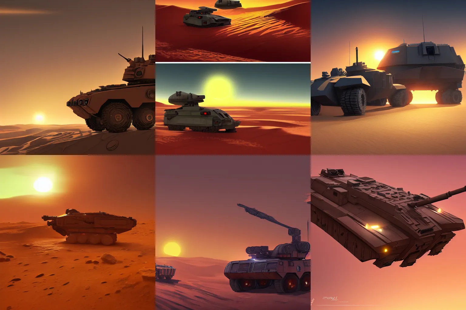 Prompt: sunset over armored vehicle in the dunes of Kharak, concept art, trending on Artstation, homeworld, high detail