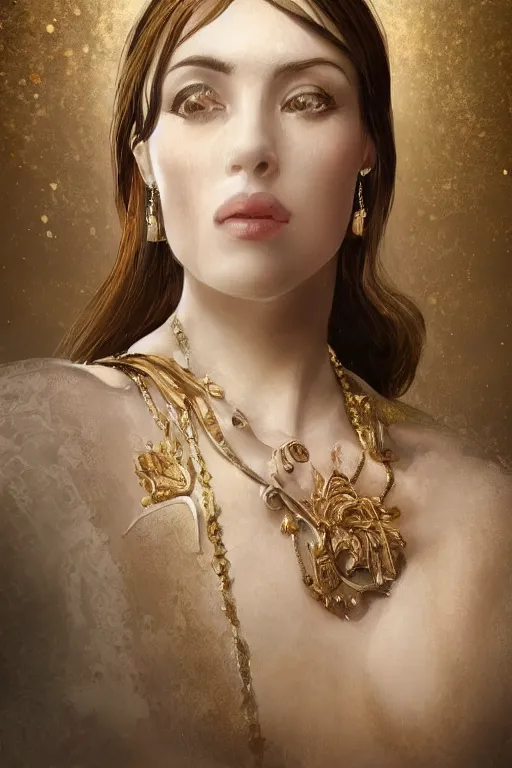 Image similar to An extremely beautiful Art Deco ornate portrait of a young attractive woman with a beautiful bone structure, professionally painted digital art illustration, smooth, sharp focus, atmospheric lighting, highly detailed illustration highlights, golden ratio, extremely detailed winning award masterpiece, 8K post-processing, trending on artstation flawless