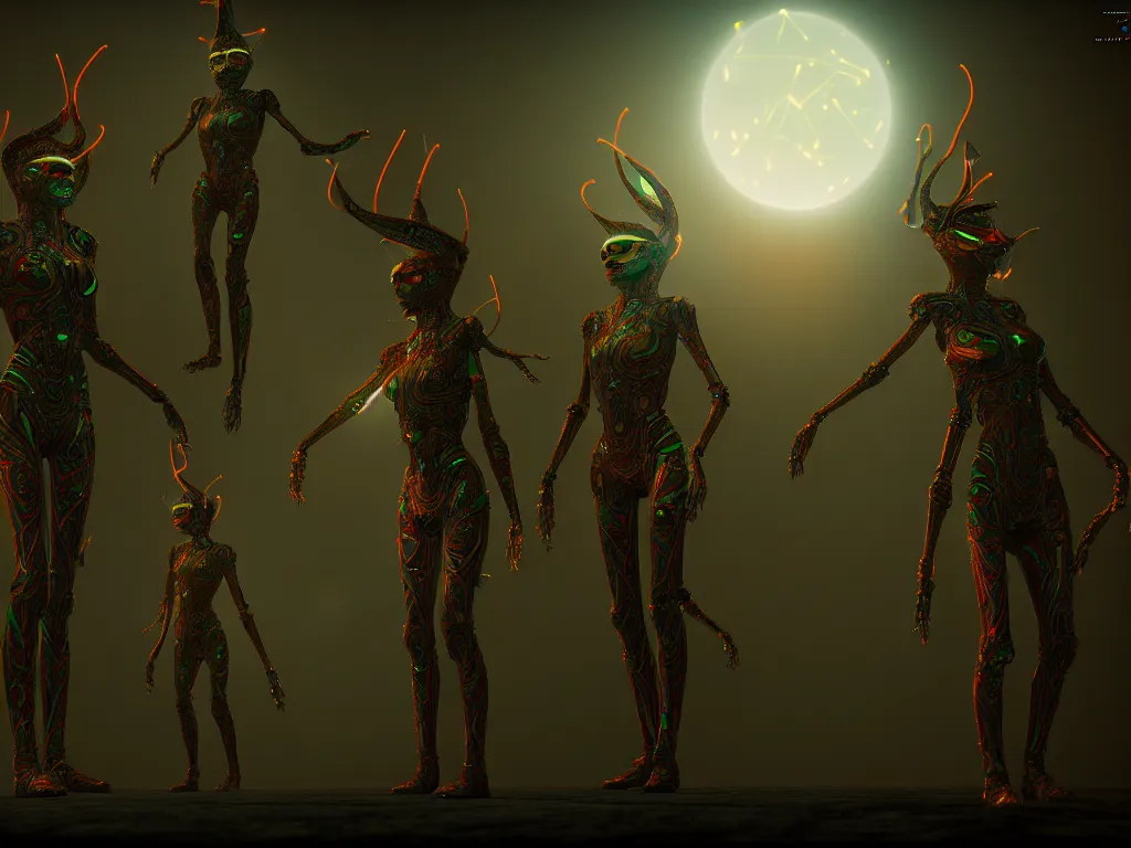 Prompt: a dmt hallucination of machine elves. weird, uncanny, sci - fi, high - tech, creepy. unreal engine, 8 k, trending on artstation.