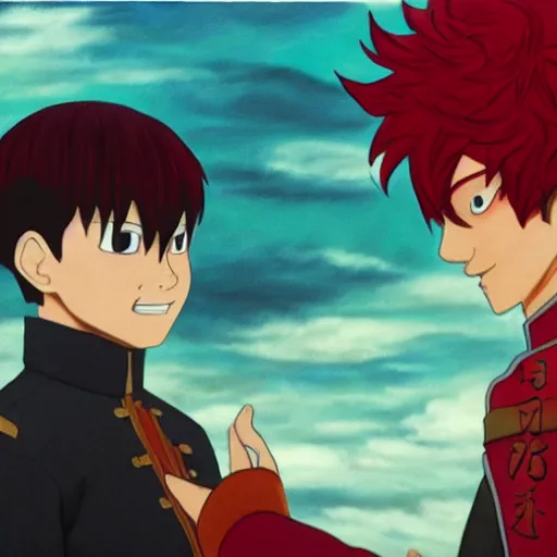 Image similar to oil painting of todoroki shouto meeting prince zuko, jm animation