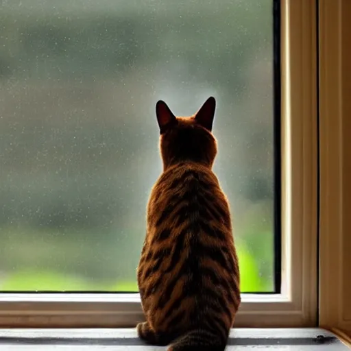 Image similar to A beautiful photograph of a cat looking out the window on a rainy day.