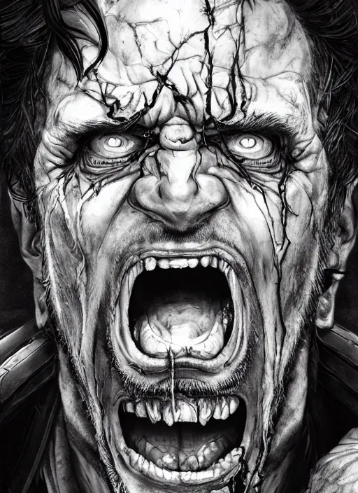Prompt: close up portrait of an insane man, screaming, middle aged, scars, powerful, domineering, stoic, masterful, intense, ultrafine hyperdetailed illustration by kim jung gi, irakli nadar, intricate linework, sharp focus, octopath traveler, yoji shinkawa, highly rendered, detailed, concept art