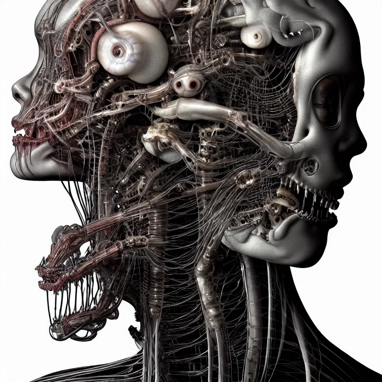 Image similar to portrait of neural nightmares by yoshitaka amano and HR Giger, detailed face face face face, facial structure, hd, 8k, very very very very electronic, biomechanical, biology, bio, neural machine