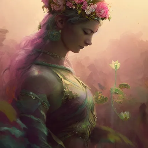 Image similar to Lotus floral crown girl, pink Lotus queen, epic fantasy style art by Craig Mullins, fantasy epic digital art, epic fantasy card game art by Greg Rutkowski