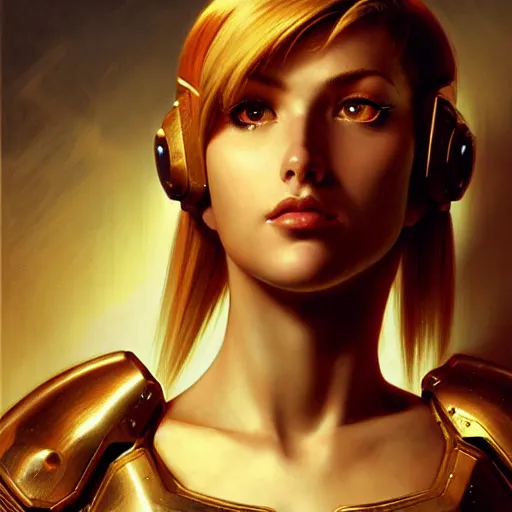 Image similar to Masterpiece head and shoulder portrait of Samus Aran with partial armor, huge shoulder pads, dark fantasy, medium shot, intricate, elegant, highly detailed, digital painting, volumetric light, artstation, concept art, smooth, sharp focus, illustration, art by Gil Elvgren and Greg Rutkowski and Alphonse Mucha