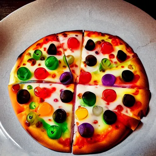 Image similar to high resolution photo of gummy pizza, michelin star, very tasty, food photography, instagram, trending