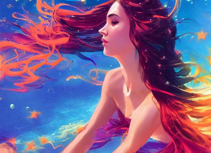 Prompt: a dancer floating underwater, with flowing hair, wearing a flowing sundress, swimming through a colorful starry galaxy, fantasy, cinematic, fine details by realistic shaded lighting poster by ilya kuvshinov katsuhiro otomo, magali villeneuve, artgerm, jeremy lipkin and michael garmash and rob rey