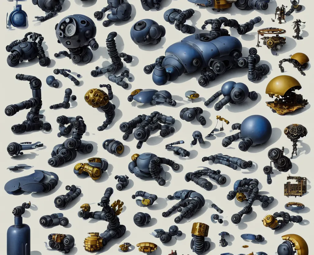 Image similar to detailed collection of exploration of form and shapes, katsuhiro otomo, robot arms, props, hard surface, panel, simon stalenhag, kitbash, items, gadget, big medium small, close up, futuristic, parts, machinery, greebles, insanely detailed, case, hardware, golden ratio, wes anderson color scheme, in watercolor gouache detailed paintings, sleek design