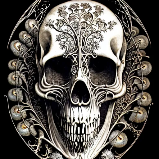 Image similar to art forms of nature by ernst haeckel, memento mori by arthur rackham, ornate antique porcelain beautiful skull mask, ultrasharp, photorealistic, hyperdetailed, octane render, polished, art nouveau, neo - gothic, gothic, intricate ornamental organic filigree, art nouveau botanicals, art forms of nature by ernst haeckel, horizontal symmetry, symbolist, visionary