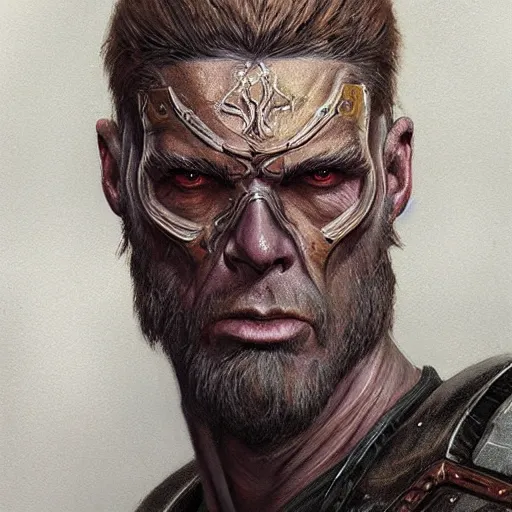 Image similar to the doomslayer as a realistic d & d fantasy cultist, closeup portrait art by donato giancola and greg rutkowski, vintage retro, realistic face, digital art, trending on artstation, symmetry!!