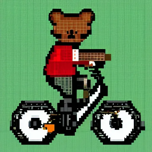 Image similar to bear riding bike shooting gun, 8bit style