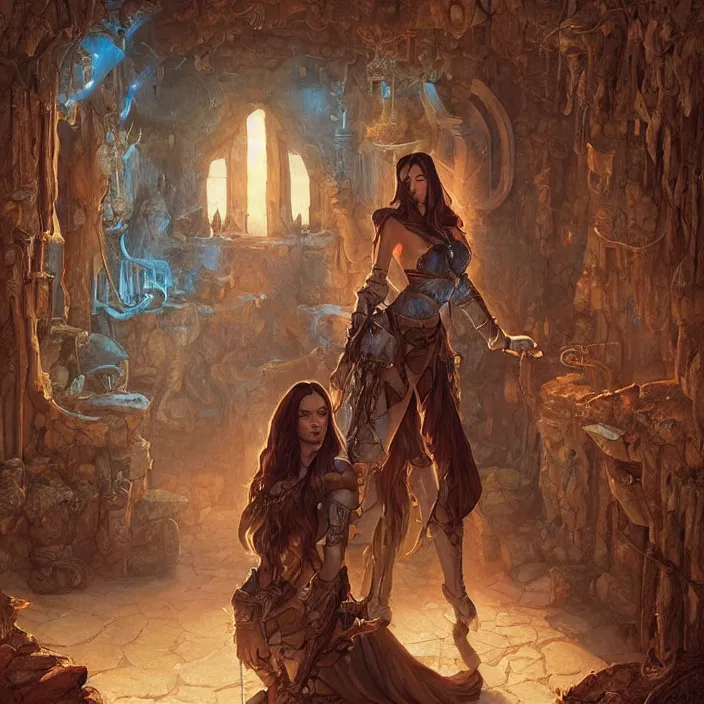 Prompt: megan fox in a digital painting of a medieval fantasy dungeon room by justin gerard, paul bonner, highly detailed, pale blue backlight, digital art, artstation hd by artgerm, greg rutkowski, alphonse mucha