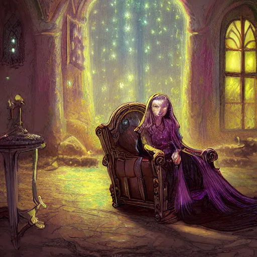 Prompt: digital art , art in the style of greg rutkowski and thomas kinkade and Larry Elmore, an elder fairy asleep on a chair, her wand and accessories beside her.