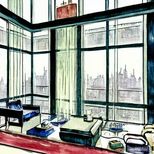 Image similar to modern loft overlooking central park in a blizzard, in watercolor gouache detailed paintings with white oil lines, moebius, art nouveau