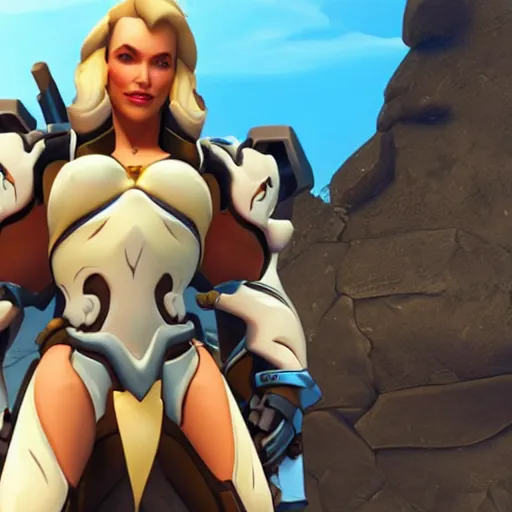 Image similar to a screenshot of arnold schwarzenegger as mercy in overwatch