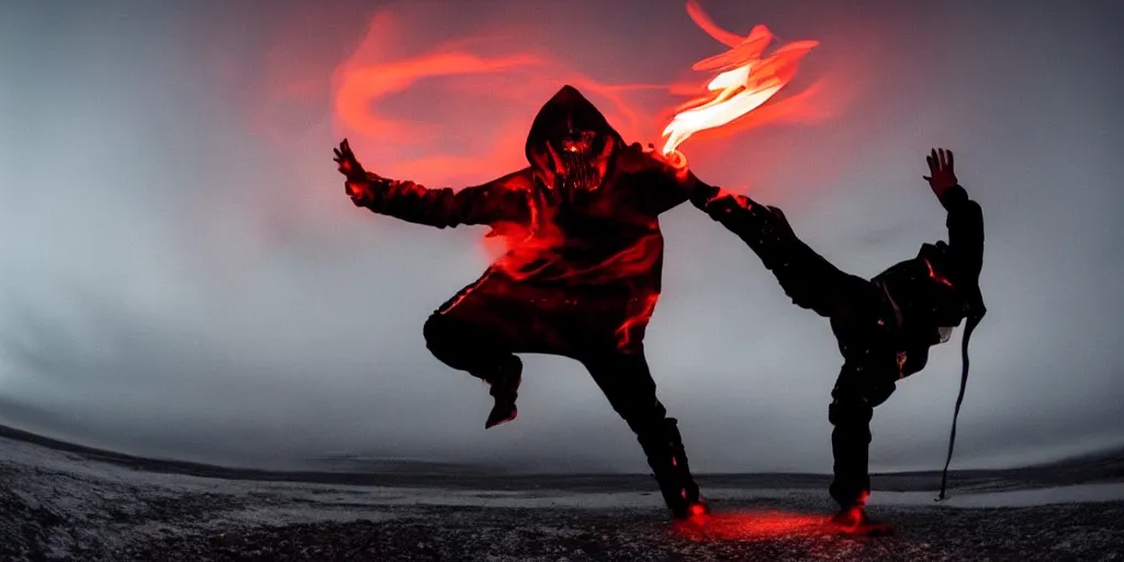 Image similar to fisheye slow motion with trail fire effect of futuristic break dancer wearing long dark cloak and skeleton head emitting fire, long exposure shot , enigmatic, at night in the middle of the arctic with red light A letter, paddle of water, steam, fog, water splashes, rim lights, glossy reflections, water droplets on lens, octane render, Volumetric dynamic lighting, stunning cover magazine, high details, hajime sorayama