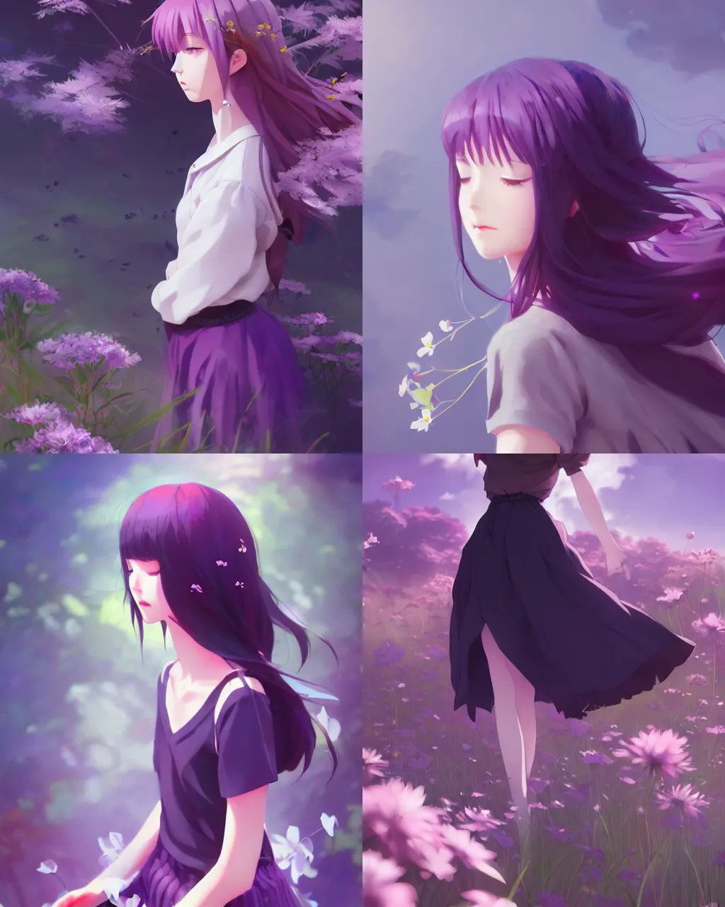 Prompt: girl with purple hair and black skirt, there are many flowers around, a beautiful half body illustration, top lighting, perfect shadow, soft painting, art by hidari and makoto shinkai and wenjun lin