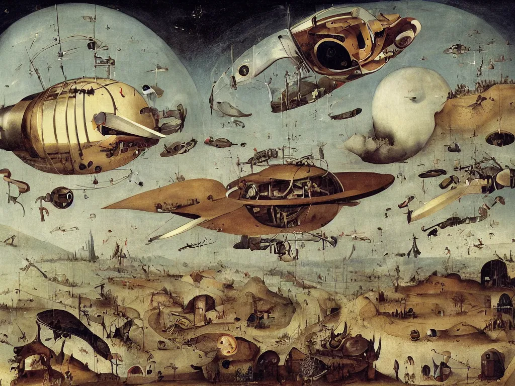 Prompt: dream bot mothership above a giant forehead. painting by bosch, walton ford