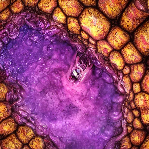 Prompt: detailed shot of inside a cavernous stomach of a giant goddess, the walls purple and pulsing, lots of acid pooling up on the floor, digesting and dissolving a small human as it thrashes in acid, food pov, micro pov, vore, digital art, furry art, anthro art, high quality, 8k 3D realistic, macro art, micro art, Furaffinity, Deviantart, Eka's Portal, G6