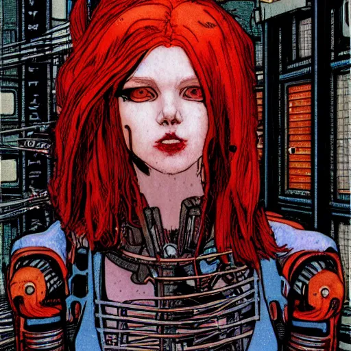 Image similar to redhead female cyberpunk, wires cables skulls, machines, in the style of john william waterhouse, and michael w kaluta, 4 k photo autochrome