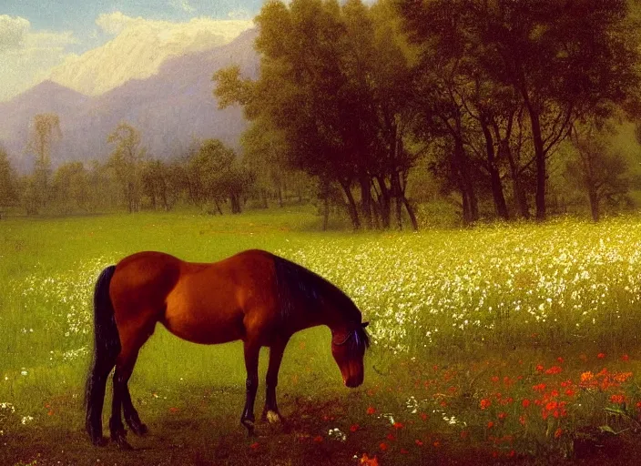 Image similar to a painting of a horse in the middle of a field of flowers by Albert Bierstadt