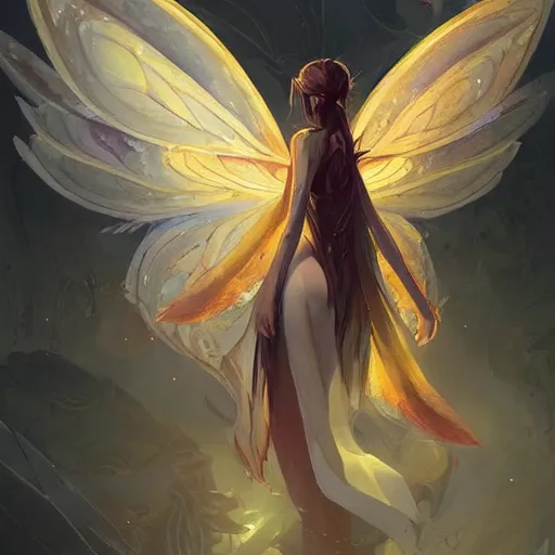 Prompt: a fairy, symmetrical wings made of pizza slices, style of by Jordan Grimmer and greg rutkowski, crisp lines and color,