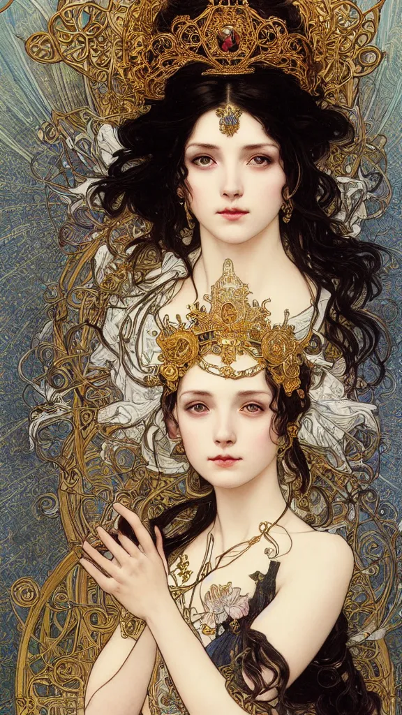 Prompt: highly detailed portrait of a beautiful black haired woman with pale skin and a crown on her head sitted on an intricate metal throne by alphonse mucha, ayami kojima, yoshitaka amano, charlie bowater, karol bak, greg hildebrandt, jean delville, and mark brooks, 4 k resolution