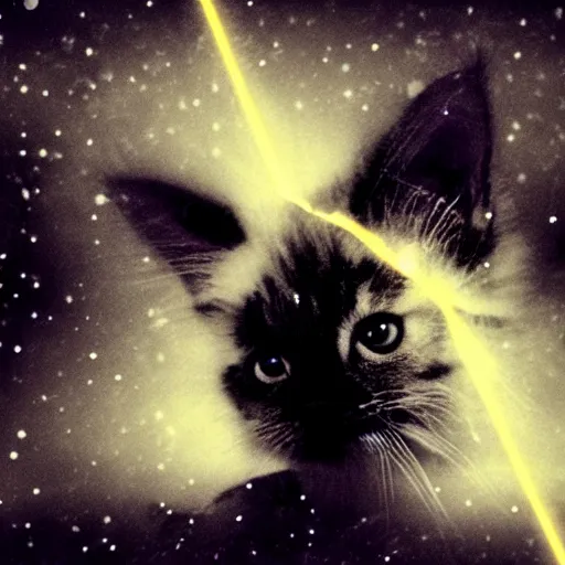 Prompt: !dream Photo of a cute extremely fluffy kitten playing with light double exposed with stars. Light painting. Bokeh. Whimsical. Magical.