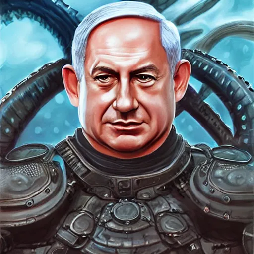 Image similar to benjamin netanyahu standing before the kraken ready to fight, highly detailed, by artgerm