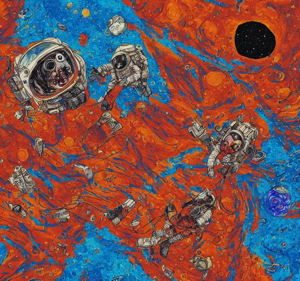 Prompt: astronaut laying on mars, hand painted, detailed, acrylic, trippy, dmt, psychedelic, abstract, shrooms, acid, astral, realistic,