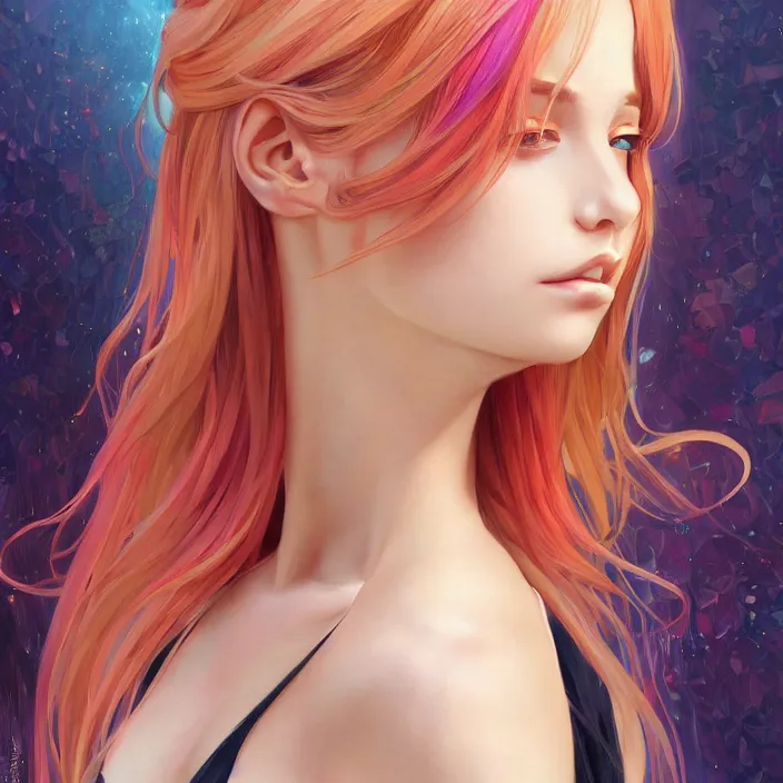 Image similar to portrait of beautiful symmetrical anime girl, rainbow hair, attractive, casual, modern, victoria's secret, highly detailed, digital painting, artstation, concept art, smooth, sharp focus, illustration, art by artgerm, greg rutkowski and alphonse mucha, 8 k,