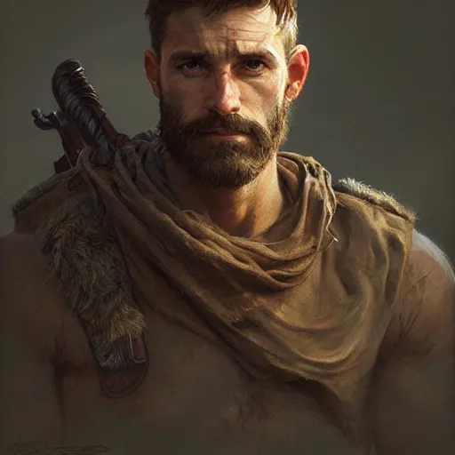 Image similar to portrait of a rugged ranger, upper body, hairy torso, D&D, fantasy, intricate, elegant, highly detailed, digital painting, artstation, concept art, matte, sharp focus, illustration, art by Artgerm and Greg Rutkowski and Alphonse Mucha