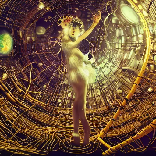 Image similar to space station on the moon, piles of modular synth cables mixed with mangrove roots, kawaii puerto rican goddess staring through your soul wearing a headpiece made of circuit boards, by cameron gray, wlop, stanley kubrick, masamune, hideki anno, jamie hewlett, unique perspective, eastman color, trending on artstation, cinematic, 3 d render, muted neon