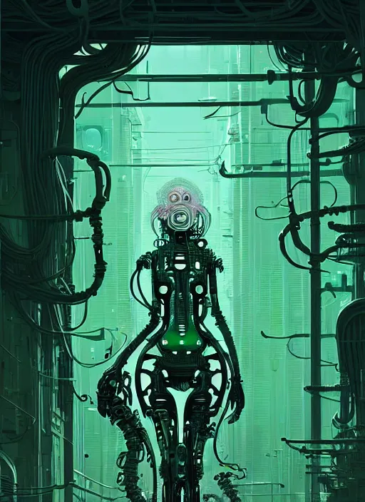 Prompt: highly detailed portrait of a biopunk long curly white hair tribal lady, stray wiring by atey ghailan, james gilleard, by joe fenton, by greg rutkowski, by greg tocchini, by kaethe butcher, 4 k resolution, gradient green, black and white color scheme!!! ( ( green caustic robotic dystopian city background ) )