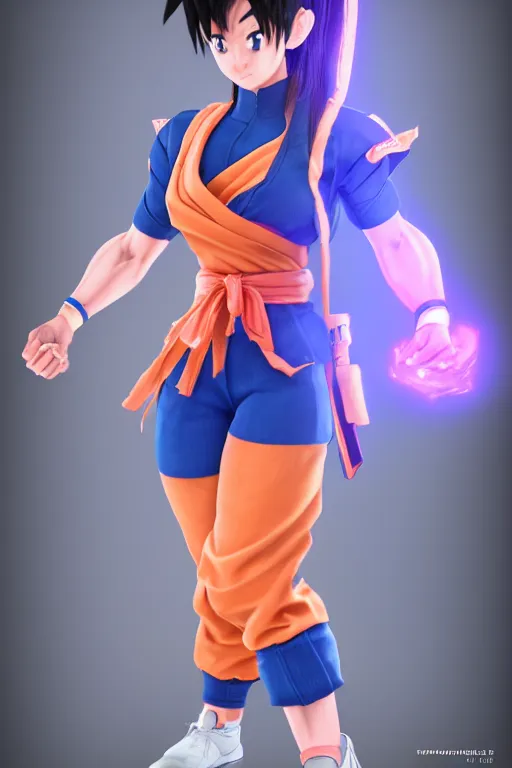 Image similar to high resolution 3d render of kawaii female goku, unreal engine 5, trending on artstation, volumetric lighting, subsurface scattering