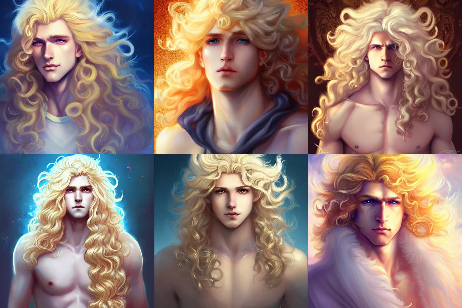 Prompt: the beautiful androgynous young blond male sun god apollo, very very long fluffy curly blond hair, baroque curls, extremely curly hair, glowing eyes, pale white skin, 1 5 0 4, by sakimichan and rossdraws, 4 k digital painting, artstation cgsociety