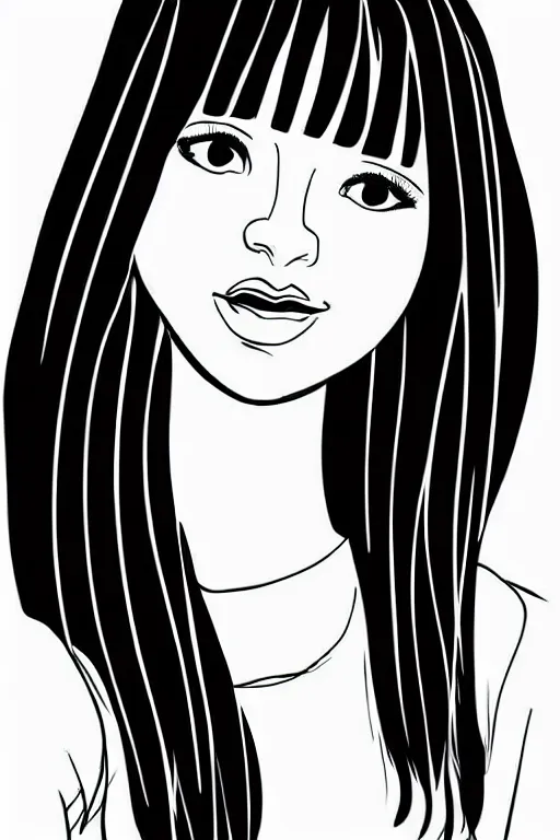 Image similar to portrait of a girl in long pants and a top, hands in pockets, eyes closed, bob haircut, digital art, black and white, lineart by bakartstudio 7