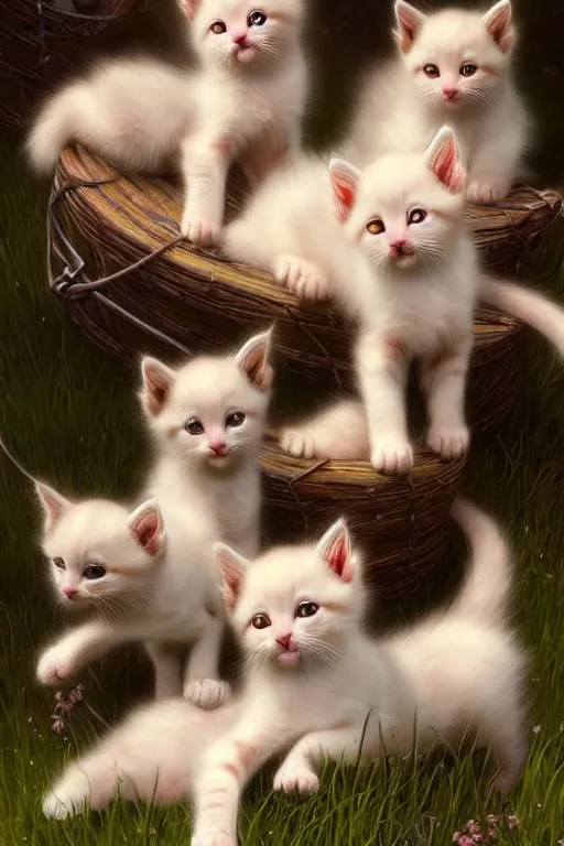 Image similar to clear portrait of a pack of kittens, cottagecore!!, background hyper detailed, character concept, full body, dynamic pose, glowing lights!! intricate, elegant, highly detailed, digital painting, artstation, concept art, smooth, sharp focus, illustration, art by artgerm and greg rutkowski and alphonse mucha