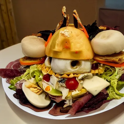 Image similar to a amazing new surrealist hybrid of a pope salad by giuseppe arcimboldo and kandinskali, melting cheese, steamed buns, grilled artichoke, sliced banana, the pope, salami, milk duds, licorice allsort filling