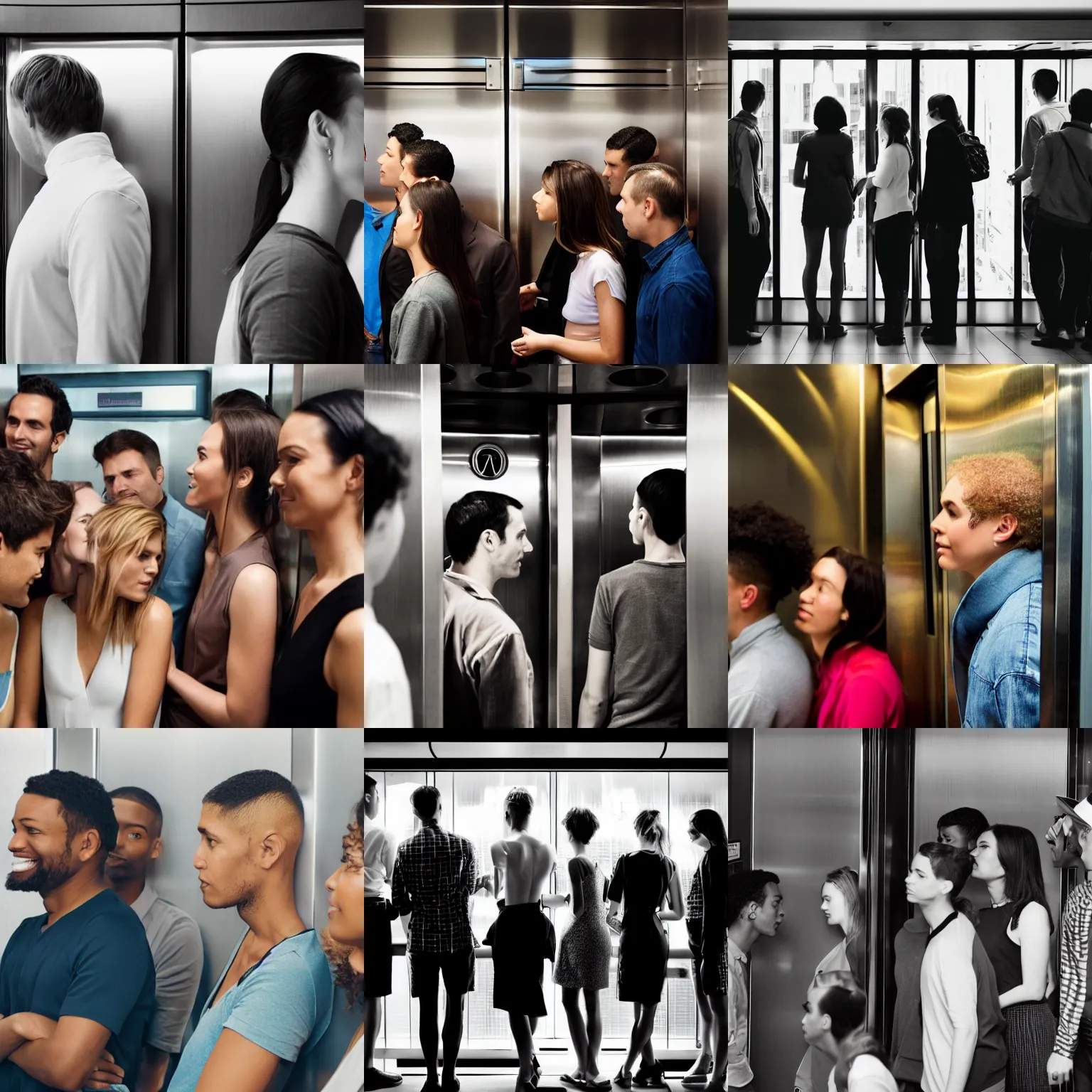 Prompt: group of people in an elevator, side view