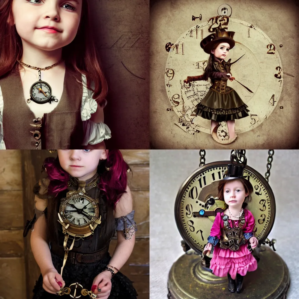 Image similar to steampunk little girl wears a clock necklace