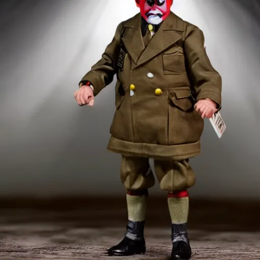 Image similar to adolf hitler clown action figure, well lit, studio light, painted action figure, toy advertisement, toy package