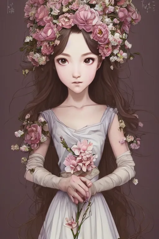 Image similar to romantic and fashion and love princess of the flower with sheath dress, 8 k realistic, teenager girl, baroque, symmetrical, flowing hair, smile, trending pinterest and pixiv, muted colors, hyperrealistic, l close up shot, character concept art, face by kyoung hwan kim, alexandra fomina, ilya kuvshinov