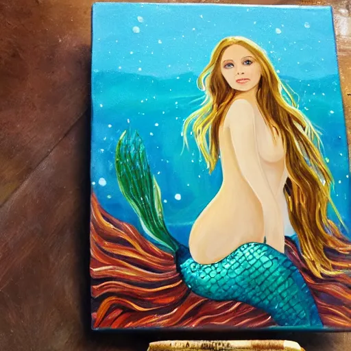 Image similar to elizabeth olsen as a mermaid, painting