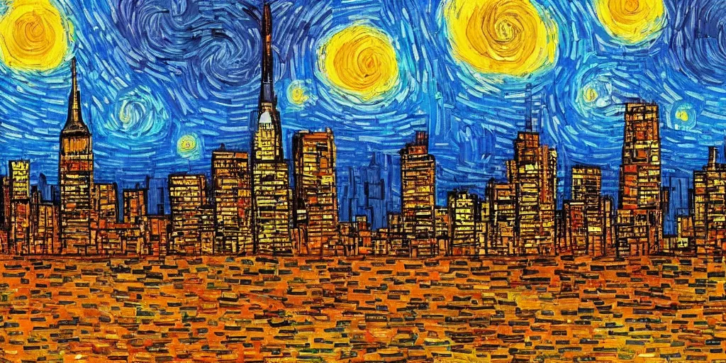 Image similar to new york city skyline painted in the style of vincent van gogh