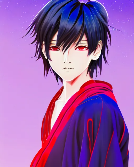 Image similar to anime style, vivid, expressive, full body, 4 k, painting, a young teenager boy with straight indigo hair, purple eyes with red eye markers, slim body, wearing a detailed japanese kimono. stunning, realistic light and shadow effects, centered, simple background, studio ghibly makoto shinkai yuji yamaguchi