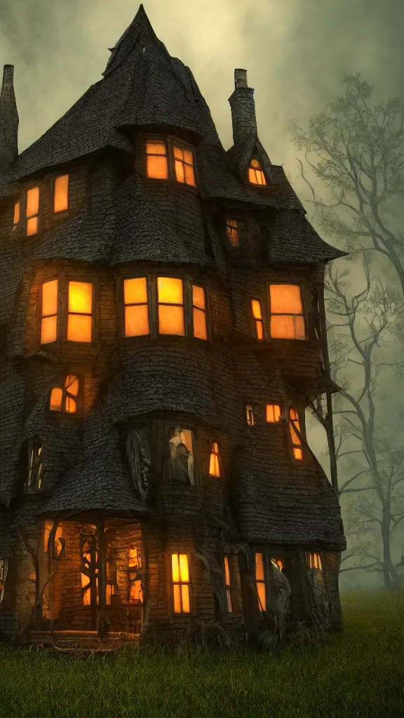 Image similar to fabricate an old witch house in style of wizard of oz, lots of smoke, gloomy, soft yellow red, atmosphere, rooftop smoking,, cinematic, unreal engine, golden ratio, cosmic horror, realistic, photorealistic. realistic, 8 k octanerender