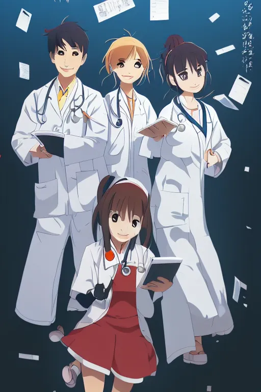 Prompt: a poster of three cute young doctors wearing white coat, a nurse, cheering up, sunrise lighting, hospital ward, slice of life anime, cinematic, realistic, anime scenery by makoto shinkai