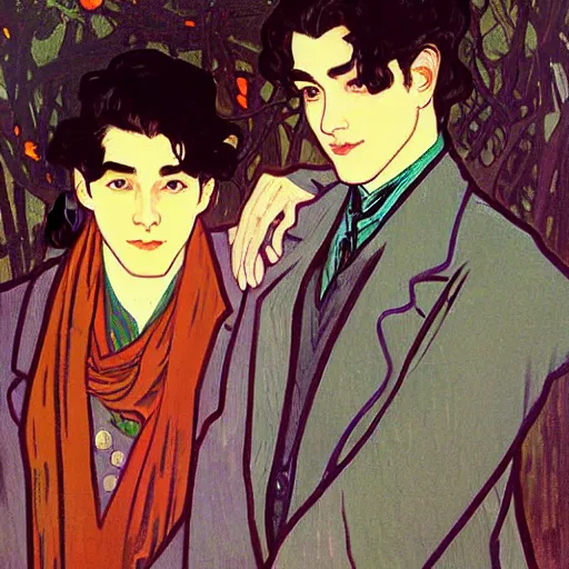 Prompt: painting of young cute handsome beautiful dark medium wavy hair man in his 2 0 s named shadow taehyung and cute handsome beautiful min - jun together at the halloween! party, ghostly, haunted, ghostly, ghosts, autumn! colors, elegant, wearing suits!, clothes!, delicate facial features, art by alphonse mucha, vincent van gogh, egon schiele