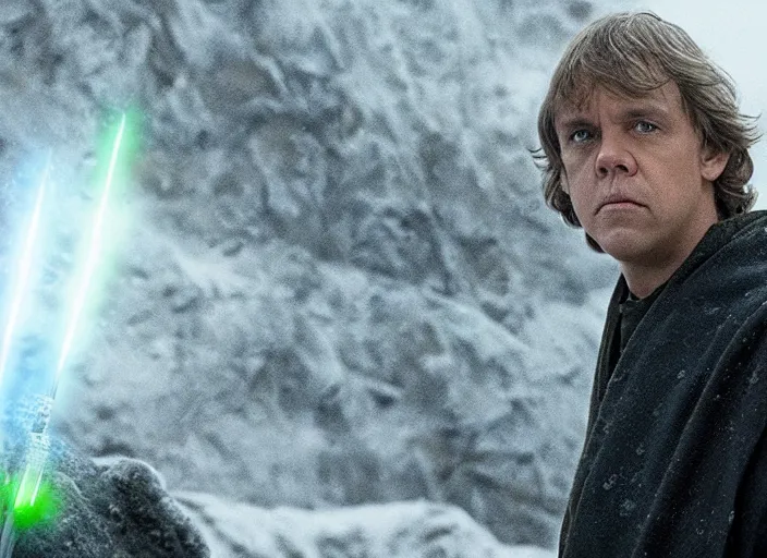 Image similar to luke skywalker in hbo's succession, snowing green particles from the sky, alien planet